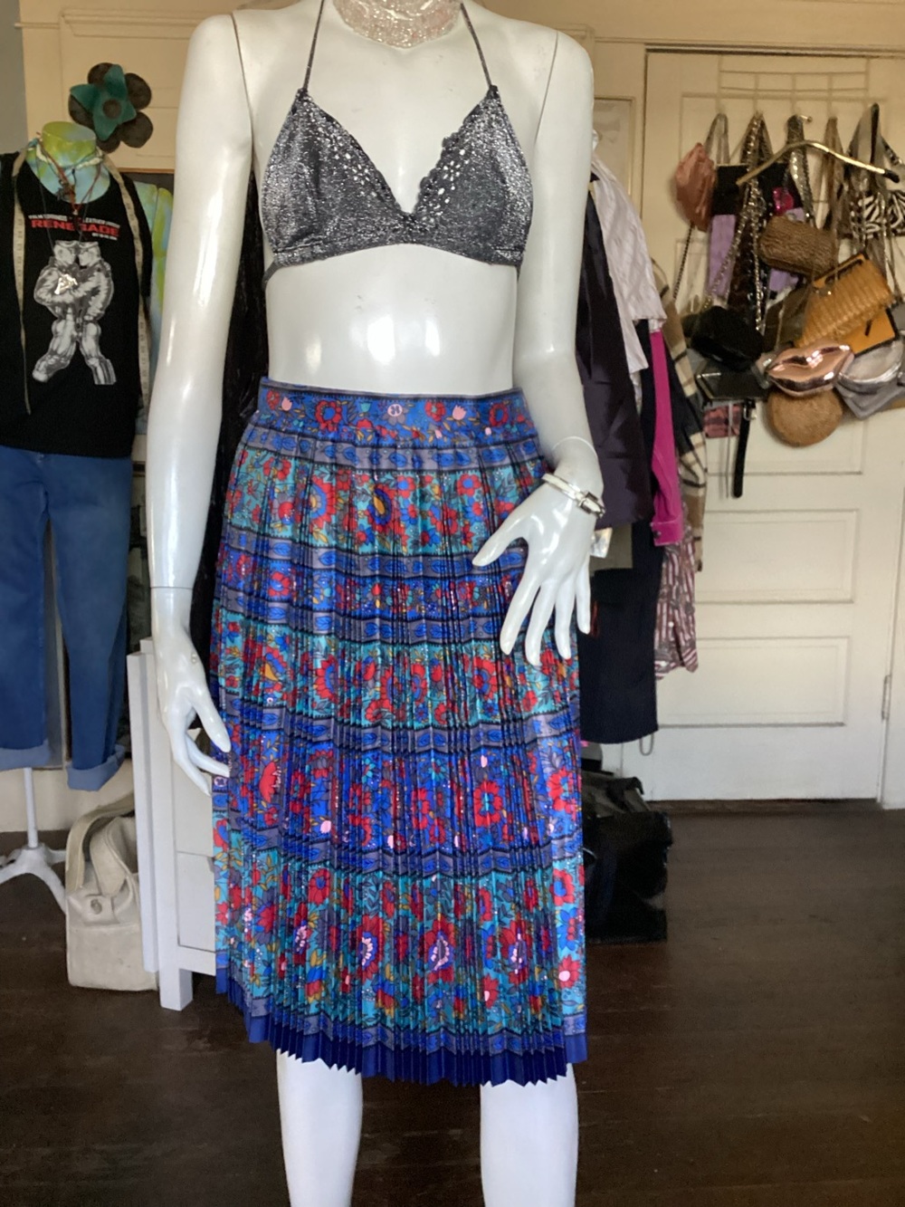 Pleated Floral Midi Skirt in Blue from Mitsukoshi Tokyo